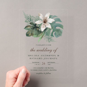 Watercolor Tropical Leaves Floral Wedding Acrylic Invitations