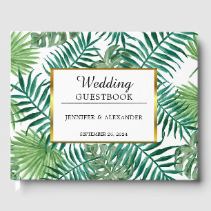 Watercolor tropical leaves gold elegant wedding guest book
