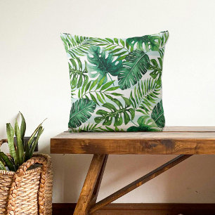 Watercolor Tropical Leaves Green Modern Cushion