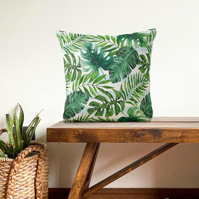 Watercolor Tropical Leaves Green Modern Cushion (Creator Uploaded)
