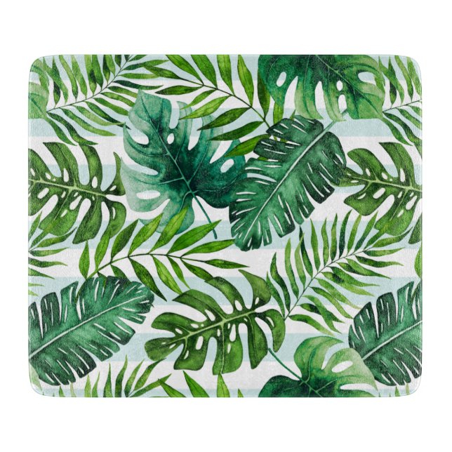 Watercolor Tropical Leaves Green Modern Cutting Board (Front)