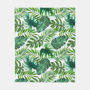 Watercolor Tropical Leaves Green Modern Fleece Blanket