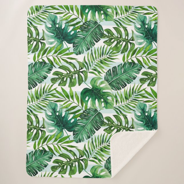 Watercolor Tropical Leaves Green Modern Sherpa Blanket (Front)