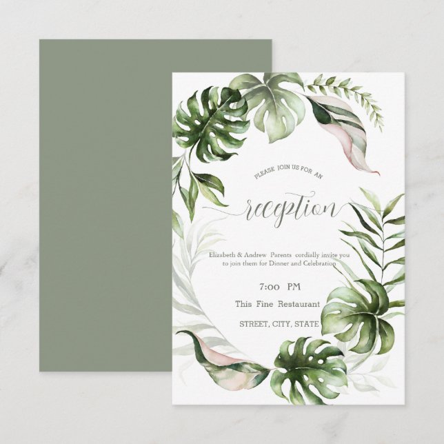 Watercolor Tropical Leaves Greenery  Invitation (Front/Back)