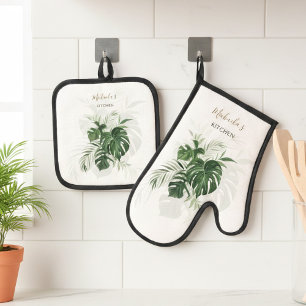 Watercolor Tropical Leaves Greenery Personalised Oven Mitt & Pot Holder Set