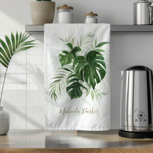 Watercolor Tropical Leaves Greenery Personalised Tea Towel
