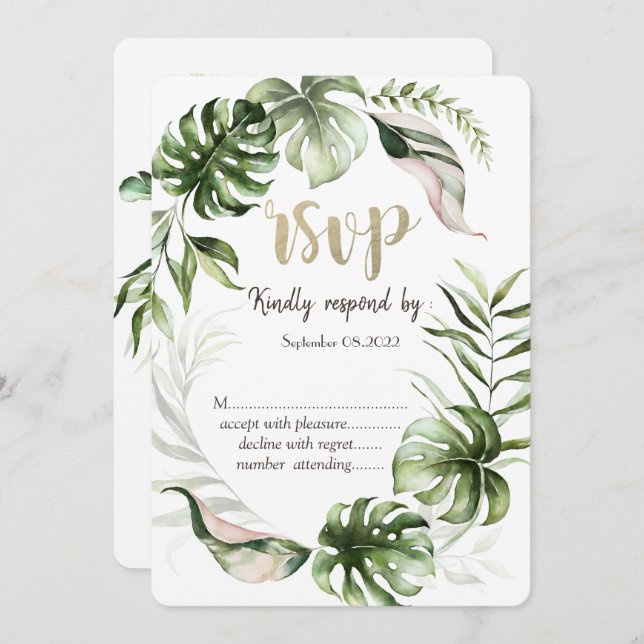 Watercolor Tropical Leaves Greenery  RSVP   Invitation (Front/Back)