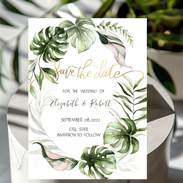 Watercolor Tropical Leaves Greenery Save The Date (Creator Uploaded)