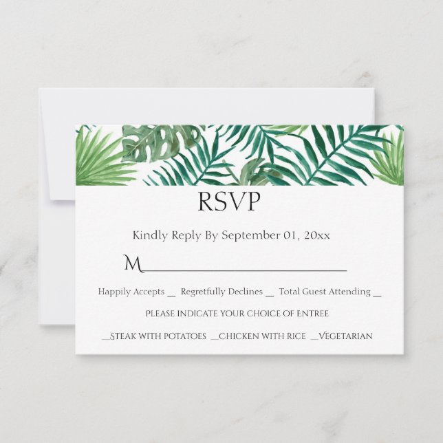 Watercolor Tropical Leaves Meal Choice RSVP Card (Front)