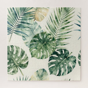 Watercolor Tropical Leaves Monstera Palm Pattern Jigsaw Puzzle
