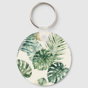 Watercolor Tropical Leaves Monstera Palm Pattern Key Ring