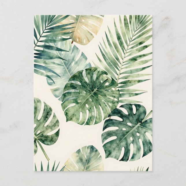 Watercolor Tropical Leaves Monstera Palm Pattern Postcard (Front)