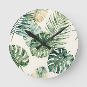 Watercolor Tropical Leaves Monstera Palm Pattern Round Clock