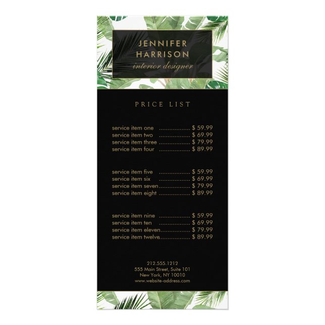 Watercolor Tropical Leaves Pattern Black/White Rack Card (Front)