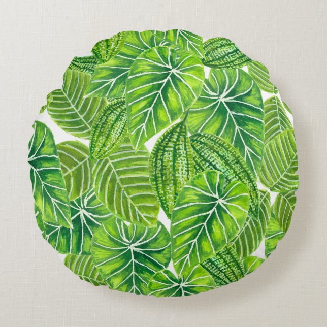 Watercolor tropical leaves pattern design round cushion (Front)