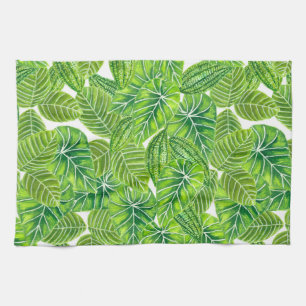 Watercolor tropical leaves pattern design tea towel