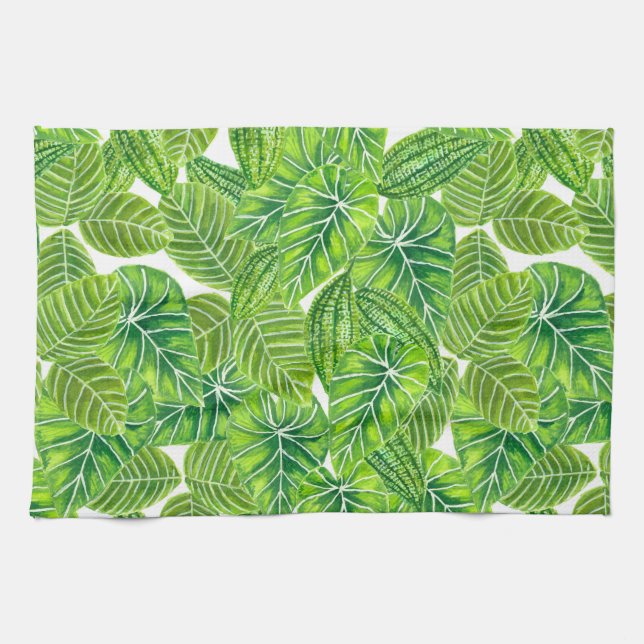 Watercolor tropical leaves pattern design tea towel (Horizontal)