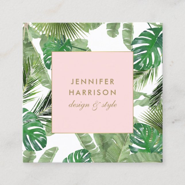 Watercolor Tropical Leaves Pattern Designer Square Business Card (Front)