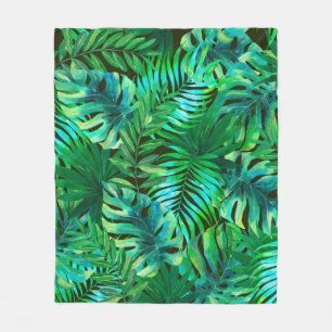 Watercolor tropical leaves pattern fleece blanket