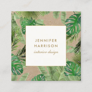 Watercolor Tropical Leaves Pattern Kraft Square Business Card