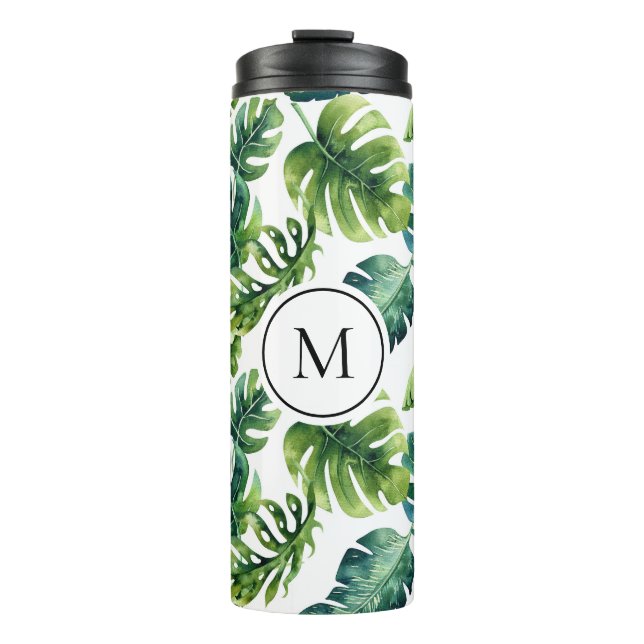 Watercolor Tropical Leaves Pattern Monogram Thermal Tumbler (Front)