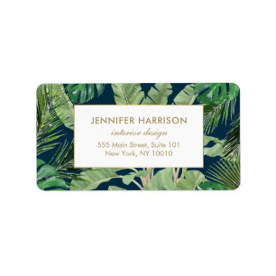 Watercolor Tropical Leaves Pattern on Dark Blue Label