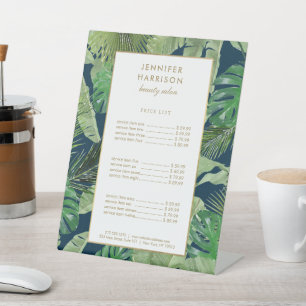 Watercolor Tropical Leaves Pattern on Dark Blue Pedestal Sign