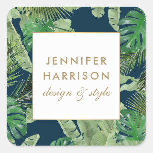 Watercolor Tropical Leaves Pattern on Dark Blue Square Sticker