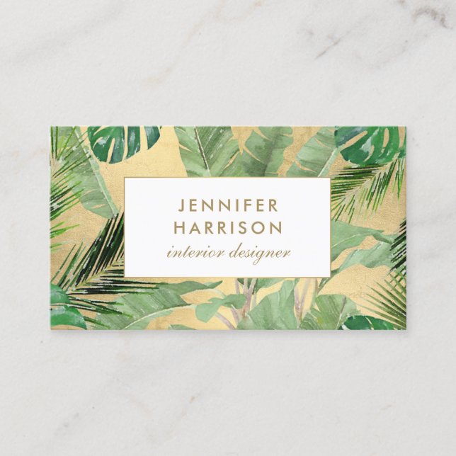 Watercolor Tropical Leaves Pattern on Faux Gold Business Card (Front)