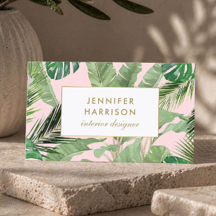 Watercolor Tropical Leaves Pattern on Pink Business Card