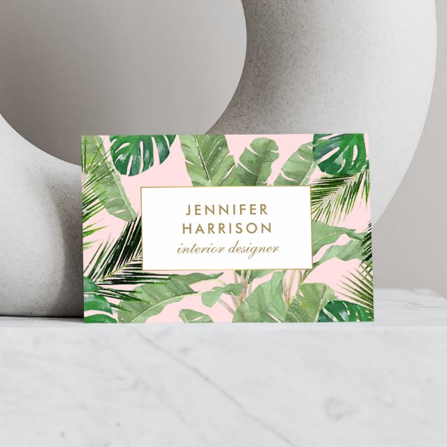 Watercolor Tropical Leaves Pattern on Pink Business Card (Creator Uploaded)