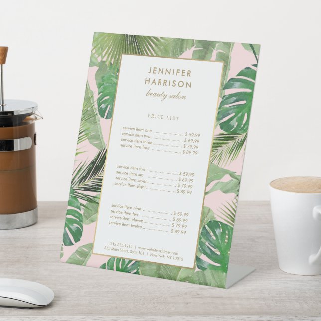 Watercolor Tropical Leaves Pattern on Pink Pedestal Sign (In SItu)