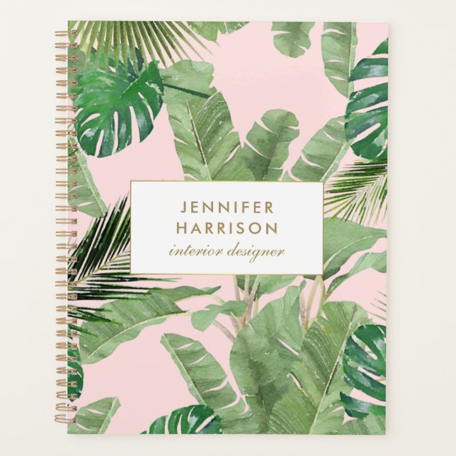 Watercolor Tropical Leaves Pattern on Pink Planner (Front)
