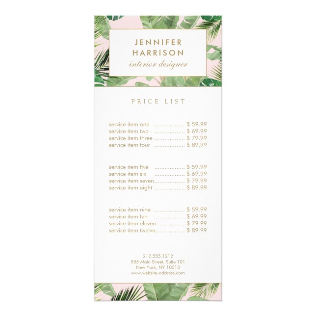 Watercolor Tropical Leaves Pattern on Pink Rack Card (Front)