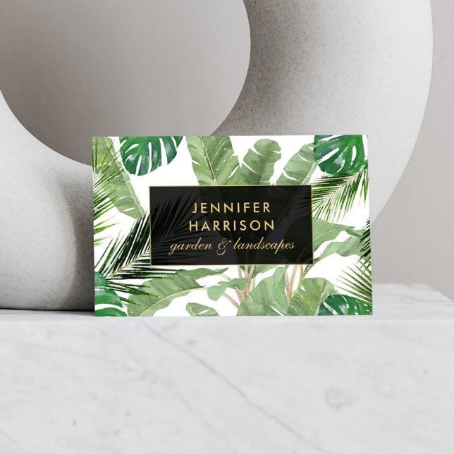 Watercolor Tropical Leaves Pattern on White Business Card (Creator Uploaded)