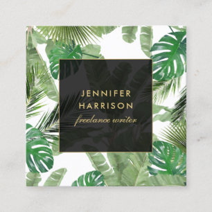 Watercolor Tropical Leaves Pattern on White Square Business Card