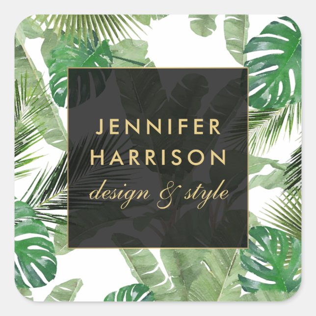 Watercolor Tropical Leaves Pattern on White Square Sticker (Front)