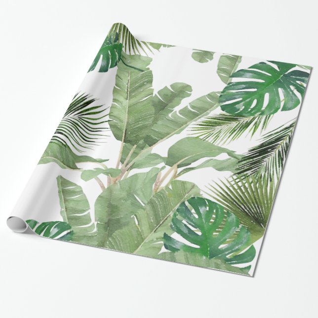 Watercolor Tropical Leaves Pattern Wrapping Paper (Unrolled)