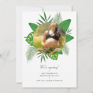 Watercolor Tropical Leaves Photo Pregnancy Announcement