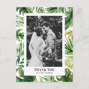 Watercolor Tropical Leaves Photo Wedding Thank You Postcard