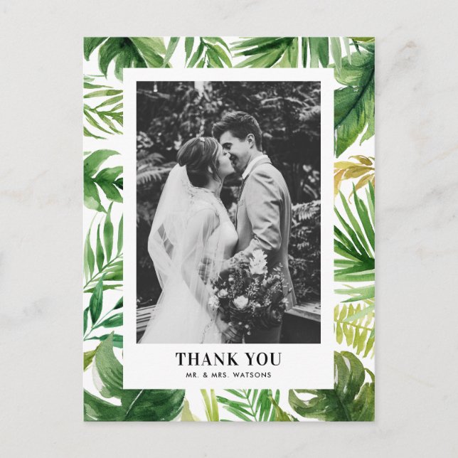 Watercolor Tropical Leaves Photo Wedding Thank You Postcard (Front)
