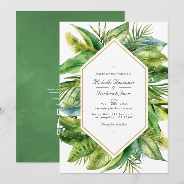Watercolor Tropical Leaves QR Code RSVP Wedding Invitation (Front/Back)
