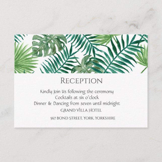 Watercolor Tropical Leaves Reception Card (Front)