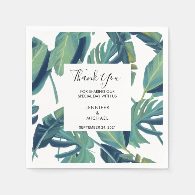 Watercolor tropical leaves Thank you wedding Napkin (Front)
