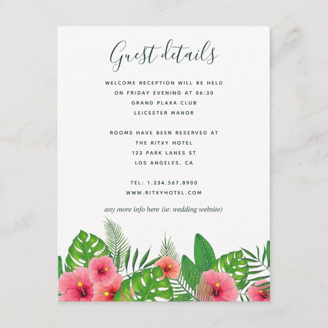 Watercolor Tropical Leaves Wedding Guest Details Enclosure Card (Front)