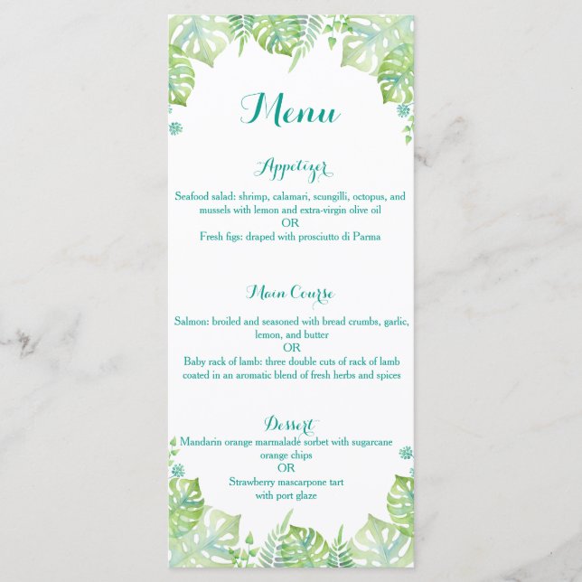 Watercolor tropical leaves wedding menu (Front)