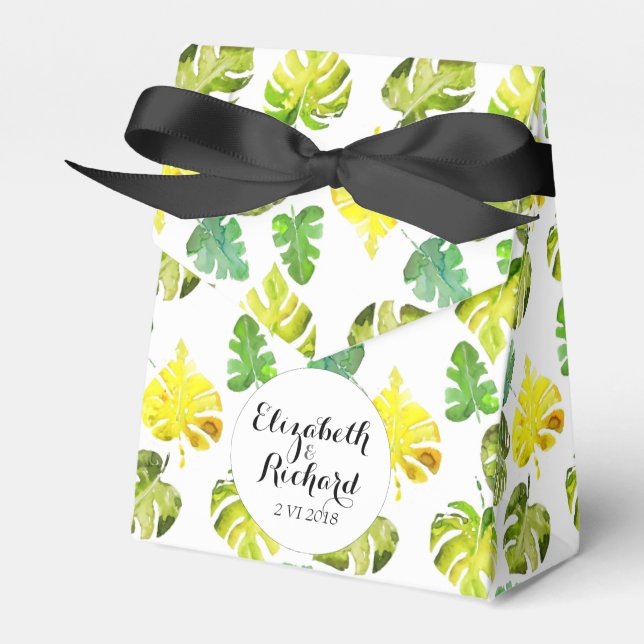 Watercolor Tropical Leaves wedding  monogram Favour Box (Front Side)