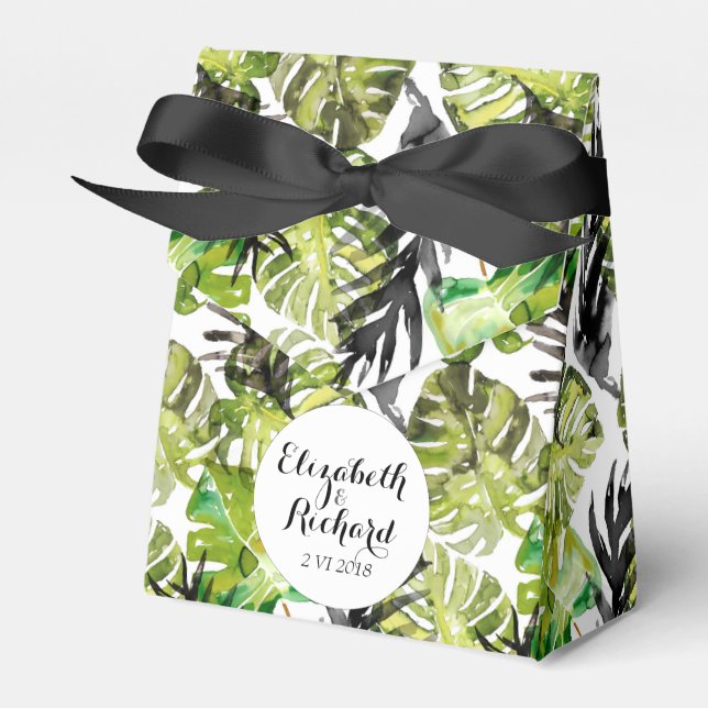 Watercolor Tropical Leaves wedding  monogram Favour Box (Front Side)