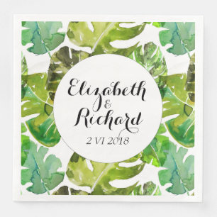 Watercolor Tropical Leaves wedding  monogram Napkin
