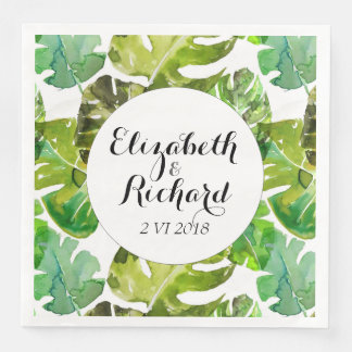 Watercolor Tropical Leaves wedding  monogram Napkin